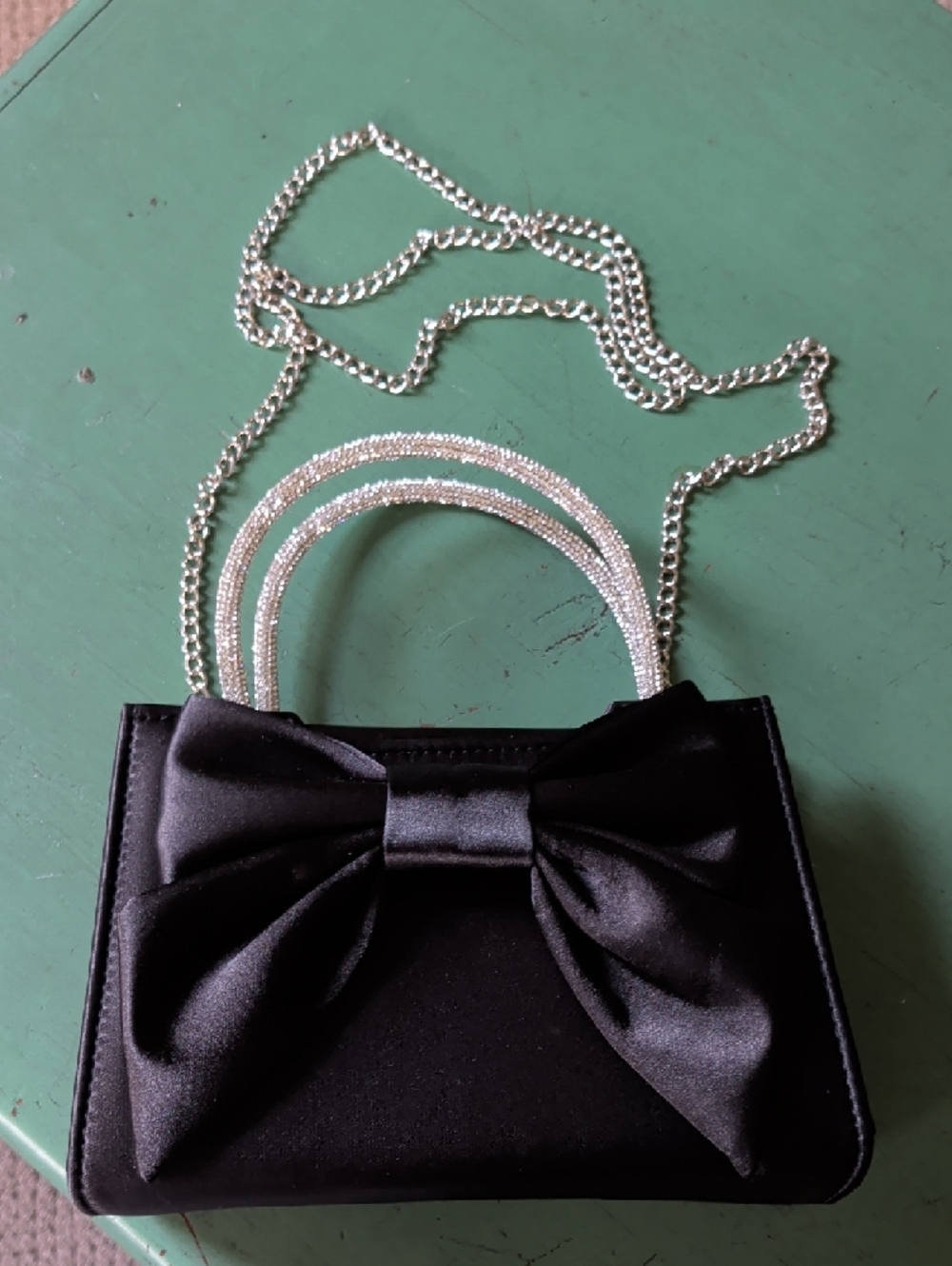 Elegant Black Bow Satin Handbag with Rhinestone Handles Formal Prom Event - Picture 9 of 10